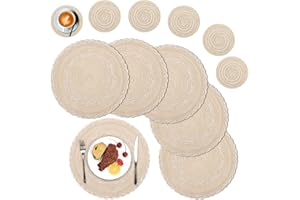 SHACOS Set of 6 Round Placemats, 38 cm Washable Cotton Placemat and 6 Pcs Coasters 10 cm, Decorative Heat Resistant Placemat for Kitchen Dining Table
