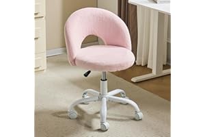 Bonnlo Comfy Vanity Chair with Wheels Small Office Chair Modern Swivel Dressing Table With Adjustable Height for Home Office, Bedroom, Dressing Room, Faux Fur, Pink