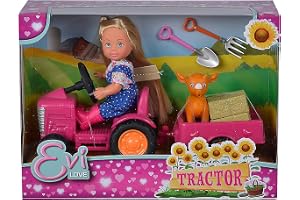 Simba 105733518 - Evi LOVE Traktor - Evi Åkandes på Sin Traktor med Släp, Högaffel, Spade, Höbalar och Sött Djur Ingår, 12 cm, Från 3 år
