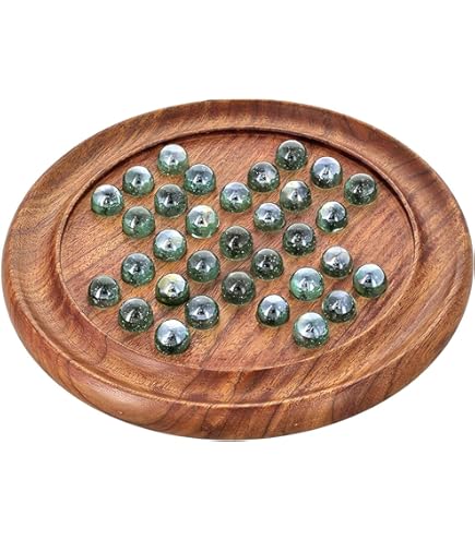 30cm Diameter Wooden Solitaire Board Game With Glass Pan American White Marbles With Multi Coloured Swirls | Classic Wooden Solitaire Game | Strategy Board Game | Family Board Game | Games