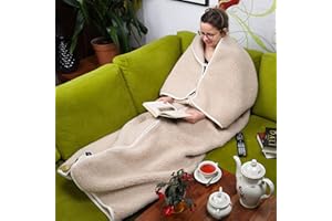 PINKZEBRA 2 in 1 Warme & Dicke TV Decke mit Ärmel aus Schurwolle, Wolldecke Merinowolle, Woolmark-Zertifiziert, Tagesdecke für Damen & Herren, 100% Naturprodukt, Reißverschluss, Ganzkörperdecke, Beige