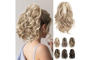 REECHO Ponytail Extension, Claw Clip in Ponytail Hair Extensions 12 Inch Short Curly Ponytail Natural Wavy Synthetic Hairpiece for Women – Honey Blonde with Highlights