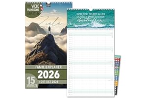 ‎SPIELEFABRIK Family Calendar 2026 5 Columns Goals Family Planner 2026 with Sticker Holiday Recycling Holiday Wall Planner 2026 Wall Calendar 23 x 43 cm Including Oct-Dec 2025, Plant Calendar, Motivation Sayings