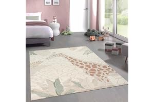 CARPETIA Barnmatta, giraffmotiv, krämvit, beige, grön, 120 x 170 cm | Mjuk, lättskött, slitstark och hudvänlig, OEKO-TEX-testad, för golvvärme, barn- och babyrum