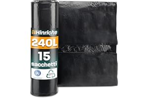 Hinrichs Sacchi della spazzatura 240 l, extra forti, rotolo da 15 pezzi, 100 x 125 cm, resistenti agli strappi, LDPE, neri per casa e giardino