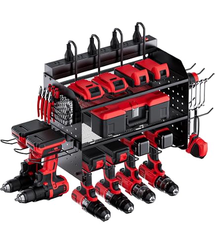 UNITEDPOWER Wall-Mounted Tool Organizer – 4-Bay Drill Rack With Shelf For Garage & Workshop