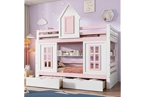 Aoskem Kinderbett Etagenbett 90x200 cm für 2 Kinder, Hochbett Hausbett mit Leiter und Stauraum, 2 Schubladen & Regal, Holzbett Bettgestell mit Rausfallschutz und Lattenrost, Ohne Matratze, Weiß+ Rosa