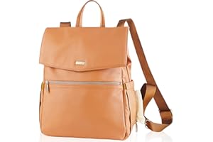 Landici PU Leather Baby Changing Bag Backpack for Mum&Women, Fashion Dolls Nappy Bag Rucksack with Stroller Strap/Ipad Pocket, Multi-Function Maternity Diaper Bag Organiser for Baby Born, Orange
