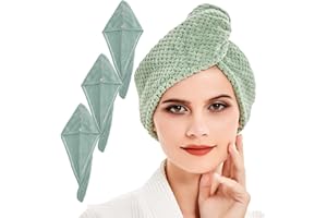 BW&HM Toalla de Pelo, Toalla de Microfibra para Cabello de Secado Rápido, Turbante de Pelo Super Absorbente y Suave con Dos Botones para Todo Tipo de Cabello 3 Piezas 25 x 65 cm, Verde Claro