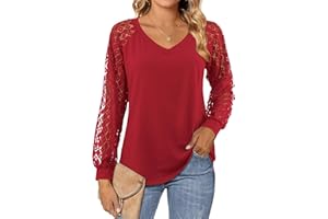 Beluring Womens Lace Long Sleeve Tops Plain V Neck T Shirts Loose Casual Blouse Dressy Tunic Shirt