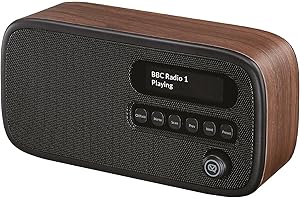 VQ Dexter Radio DAB Plus/DAB con FM, Altoparlanti Stereo da 3W e Schermo LCD - Alimentata da Rete e Batteria, Radiolina Portatile con 60 Preselezioni, Antenna e Presa Cuffie - Noce