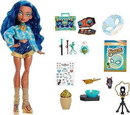 Monster High Self-Scare Secrets Cleo De Nile-Puppe und Zubehörset mit 13 realistischen Überraschungen wie EIN Töpferset und Make-up, JMG74