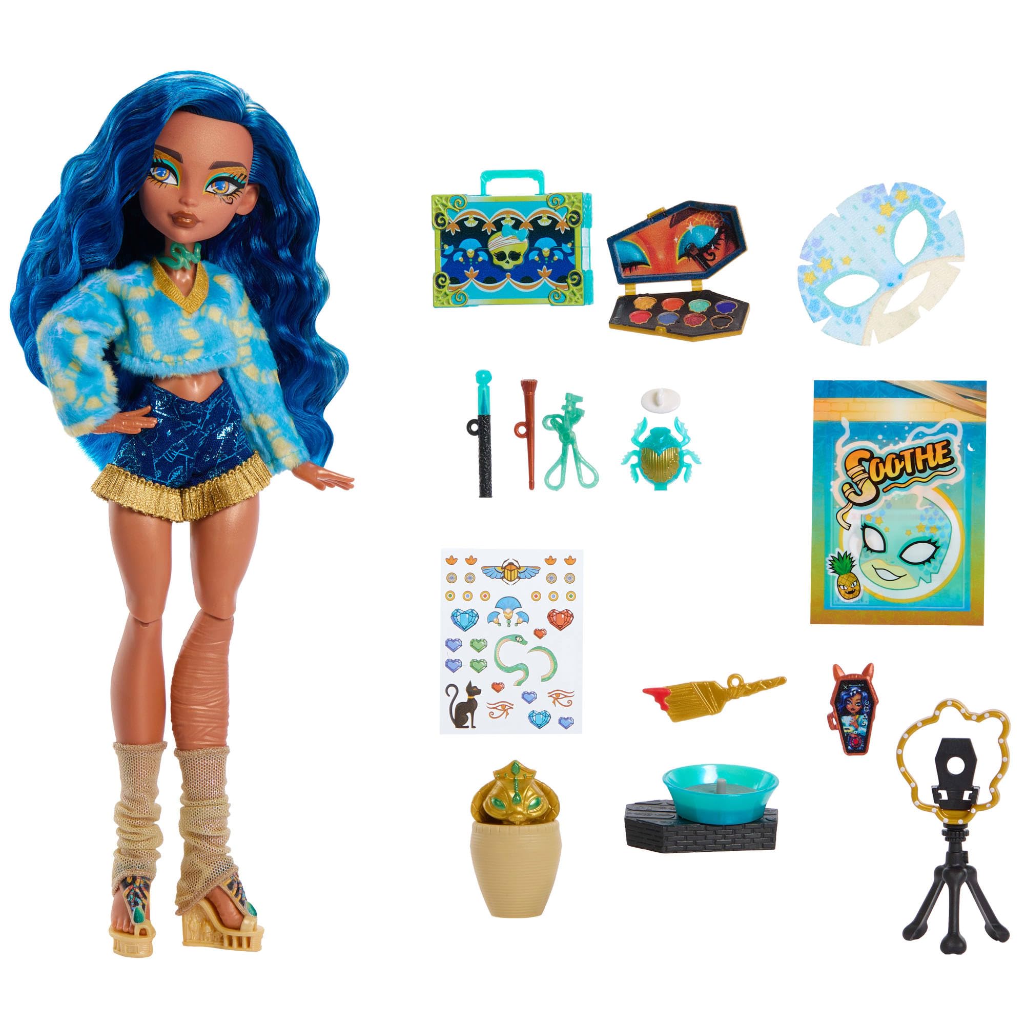 Monster High Self-Scare Secrets Cleo De Nile-Puppe und Zubehörset mit 13 realistischen Überraschungen wie EIN Töpferset und Make-up, JMG74 - 1