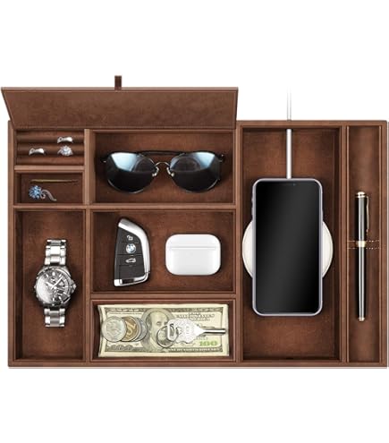 Hiram Lederen Desktop Opslag Organizer Valet Tray Kleine Items Opslag Houder voor Sleutels, Portemonnee, Munten, Horloges, Bril Snag Ontwerp