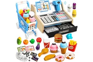 VROGTIK Wooden Toy Cash Register with Scanner Realistic for Kids, Pretend Play & Rich Accessories, Role-Play Gift for Boys Girls Age 4-8 (Silver)