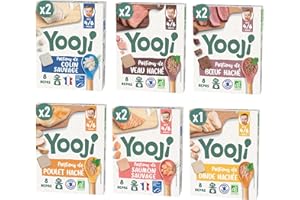 Yooji - Bébé dès 6 Mois Premières Purées de Viandes Françaises Bio et Poissons MSC en Portions - Diversification Alimentaire - 3 mois de Repas - Lot 11 packs - Certifié Agriculture Biologique ou MSC