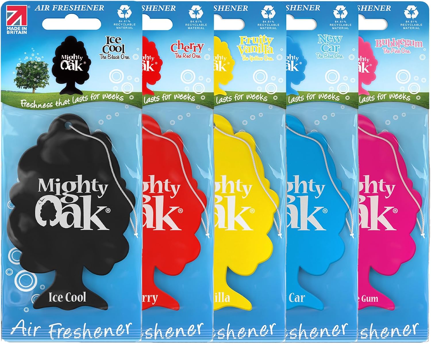 Mighty Oak Air Freshener – Mixed Fragrance 5 Pack (New Car, Ice Cool, Vanilla, Cherry & Bubblegum) – Long Lasting Hanging Car Deodoriser – Odour Eliminator – UK Made Auto Accessories – Car Scent Fresh