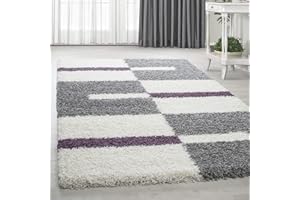 HomebyHome Dywan Shaggy do salonu, 140 x 200 cm, dywan z wysokim runem, liliowy, szary i biały, bardzo miękki i puszysty, dywanik nocny do sypialni, chodnik kuchenny – Carpet, Halı, Kilim