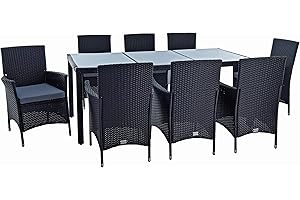 ESTEXO Polyrattan Sitzgruppe Gartenmöbel Set 8 Personen Rattanmöbel Gartenset Rattan Essgruppe Garten-Stühle Garten-Tisch Hocker Sessel mit Kissen (Schwarz)