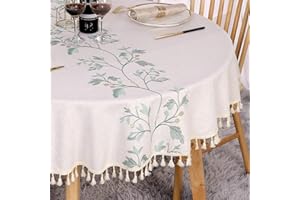 SUCHDECO Obrus okrągły, 120 cm, zmywalny, lniany, bawełniany, beżowy, nie gniecie się, pyłoszczelny, z zielonymi haftowanymi liśćmi, frędzlami, do kuchni, jadalni, stołu kawowego, stołu ogrodowego