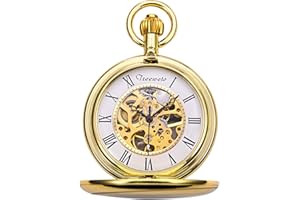 TREEWETO Unisex Taschenuhr mit Kette Analog Handaufzug Skelett Hochglanz Poliert Gold