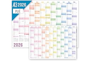 Häfft® Calendrier mural 2026 A3 en français (42 x 29,7 cm) plié "Rainbow", agenda mural avec jours fériés français + calendrier extra A4 - durable & respectueux au climat