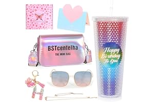 BSTcentelha Gifts for Girl Teenager 9 10 11 12 13 14 15 16 Years, Rainbow Glitter Water Bottle with Straw, Letters Keychain, Cute Sunglasses, Pink Crossbody Bag, Personalized Gift Set for Girls