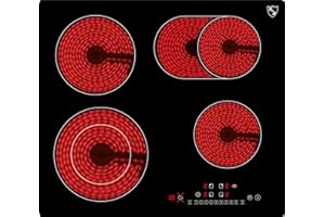 K&H Glaskeramikkochfeld NC-7206 [4 ZONEN] - Herdplatte 4 Kochfelder - Kochfeld 4 Platten Autark - Kochplatten 4er - Starkstrom-Anschluss - Kein Stecker Enthalten - 59CM 7200 Watt - 9 Leistungsstufen