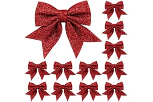 YSUVIN Schleifen Weihnachten, 12 Stück Weihnachtsbaum Schleifen Glitzer Christbaumschmuck Geeignet für Weihnachten Hochzeitsfeier Neuja, Rot
