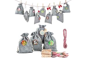 MIUEZUTH Adventskalender zum Befüllen Groß (13x17cm), Weihnachtskalender Jutesäckchen Selberfüllen, 24 jutebeutel Kette zum selber befüllbar und Aufhängen, 2023 Geschenksäckchen für Kinder Männer Frauen Grau