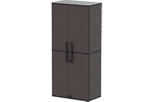 Duramax Cedargrain Tall Plastic Vertical Storage Cabinet, 2 Door Cabinet with 4 Shelves, Garden Storage Cupboard, Outdoor Lockable Cabinet, Water Resistant Short Cupboard, Garden Storage Unit, Brown