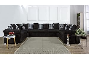 SOFAHEAVEN Black U Shape Corner Sofa - Faux Leather Scatter Back Suite For Living Room Furniture - Large luxury Sofa Set - Sectional Cheap Couches