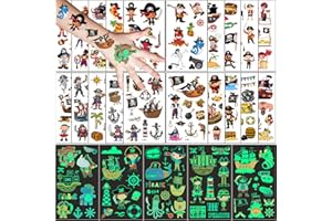 FLYFTREY Tatuaż dla dzieci, zestaw tatuaży piratów, 20 arkuszy tatuaży z kreskówki i 5 arkuszy świecących w ciemności tatuaży tymczasowych, wodoodporne naklejki dla dzieci, na urodziny dziecka, upominek,