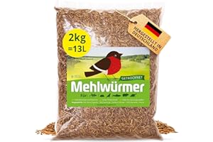 Detox Organica Mehlwürmer Getrocknet, 2Kg (13L) getrocknete Mehlwürmer mit sehr hohem Proteingehalt, Würmer für Reptilien, Vögel, Wildvögel, Igel, Fische, Schildkröten & Nager – Premium Qualität