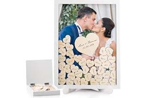 Fairytale Wedding © Libro de Invitados de Boda de Madera Incl. 81 Corazones - Libro de Boda de corazón con Cristal Real - Marco de Fotos para Rellenar con Corazones de Madera y Escribir en él