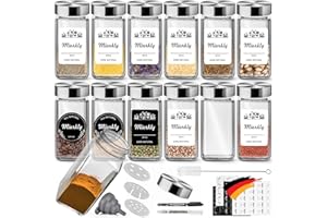 Miorkly Słoiki na przyprawy, prostokątne, z wkładem do posypywania, pokrywki ze stali nierdzewnej, zestaw pojemników na przyprawy 120 ml, 12 słoików na przyprawy, szklane pojemniki z nasadkami do