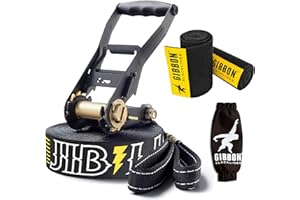 Gibbon Slacklines Jibline, con Treewear, nero, 15 metri (12,5m di fettuccia slackline+2,5m slackline con cricchetto cucito) larghezza 2"/5 cm