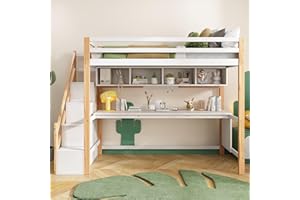 Moimhear Lettino a soppalco per bambini con scala di stoccaggio 90 x 200 cm, in legno di pino, letto a castello, culla con grande scrivania e scaffali, colori ecologici, naturale e bianco