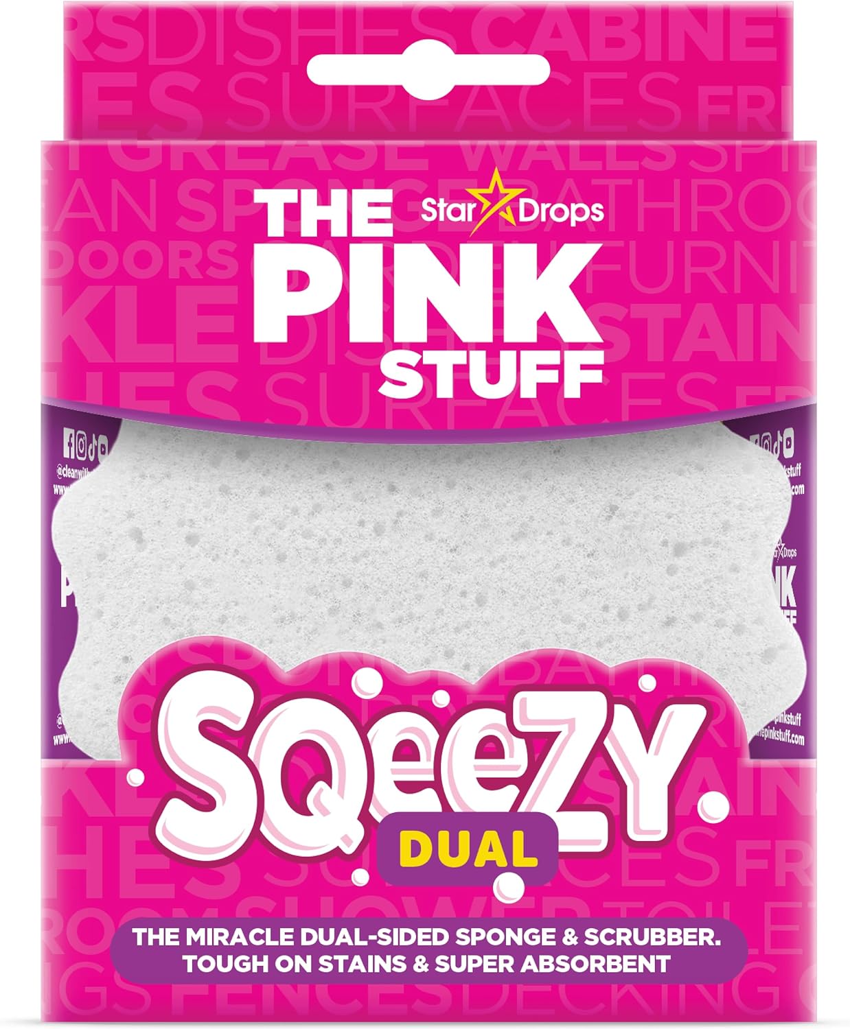 The Pink Stuff SQeeZY Dual Sided Scrubber Sponge - Scratch Free Solution for Ultimate Home Cleaning, Kitchens, Bathrooms, Oven, Outdoor use and more