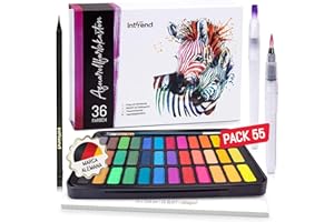 Int!rend Kit de Acuarela - No tóxico & Libre de Ácido - 36 Acuarelas Profesionales + 1 Pincel + 2 Pinceles con Tanque de Agua + 15 Papel para Acuarela - Set Watercolor Todo-en-Uno