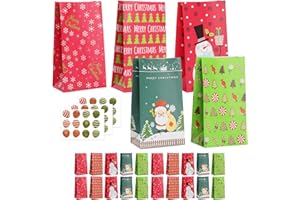 WD&CD 25 PCS Navidad Bolsas de Regalo de Papel, Bolsitas para Regalos con 36 Pegatinas Navideñas, Navideñas Bolsas para Chuches para Regalos, Fiesta de Navidad, Celebración, Boda