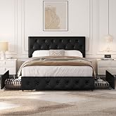 Yaheetech Upholstered Leatherette Bed with Storage 140 x 200 cm Black | Double Bed with Headboard Height Adjustable Bed with
