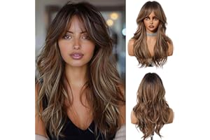 ‎OUFEI OUFEI Lange Ombre Gemischte Braune Perücke mit Pony Natürliche Gewellte Perücken für Frauen Natürliches Synthetisches Haar Hitzebeständige Perücken für Tägliche Party Cosplay Tragen