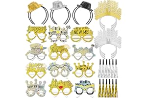DPKOW 36 x Gadget Capodanno 2026 Brillantinata, Occhiali Trombette Cappellini Mini Cilindro Cerchietti per 2026 Capodanno Accessori Kit Cotillon, Nero Oro Argento Scintillanti
