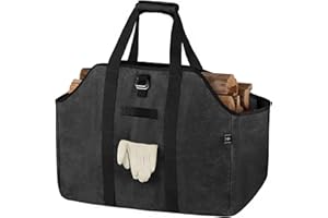 BONTHEE Firewood Carrier Bag Waxed Canvas Waterproof Extra Large Log Carrier Holder Freestanding Tote Bag for Firewood - Black