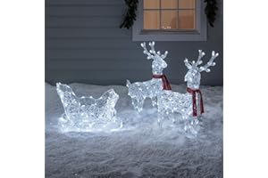 Lights4fun Outdoor Battery Operated Reindeer & Sleigh Christmas Light Up Acrylic Figure Garden Decoration with 240 White LEDs & Timer