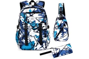 Fanwoli Schulrucksack Set Jungen Teenager 3 Teilig,Wasserdicht Camouflage Schulrucksack Jungen Teenager mit utschfester Brustspange，Rucksack Kinder für 3-6 Klasse