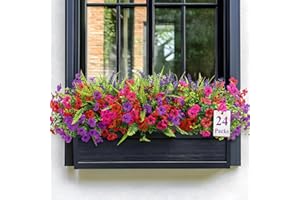 Alupssuc 24 Bundles Artificial Flowers Outdoor, UV Resistant Eucalyptus Violets and Lavender Silk Fake Flowers and Plants, for Home Garden Porch Window Wedding Decorations, Red Rose Purple