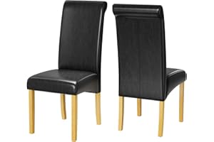 1home Set of 2 Faux Leather Dining Chairs Roll Top High Back with Solid Wooden Legs Oak Finish for Home & Commercial Living Room Bedroom Kitchen Restaurants Black