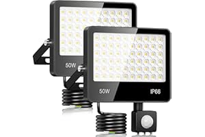 LAMLAMCK Faretto LED da Esterno Con Sensore Di Movimento 50W - 2 Pezzi 5000LM 6500K Bianco Faro LED Esterno Con Sensore Movimento, IP66 Impermeabile Luce Di Sicurezza per Cortile, Giardino, Garage